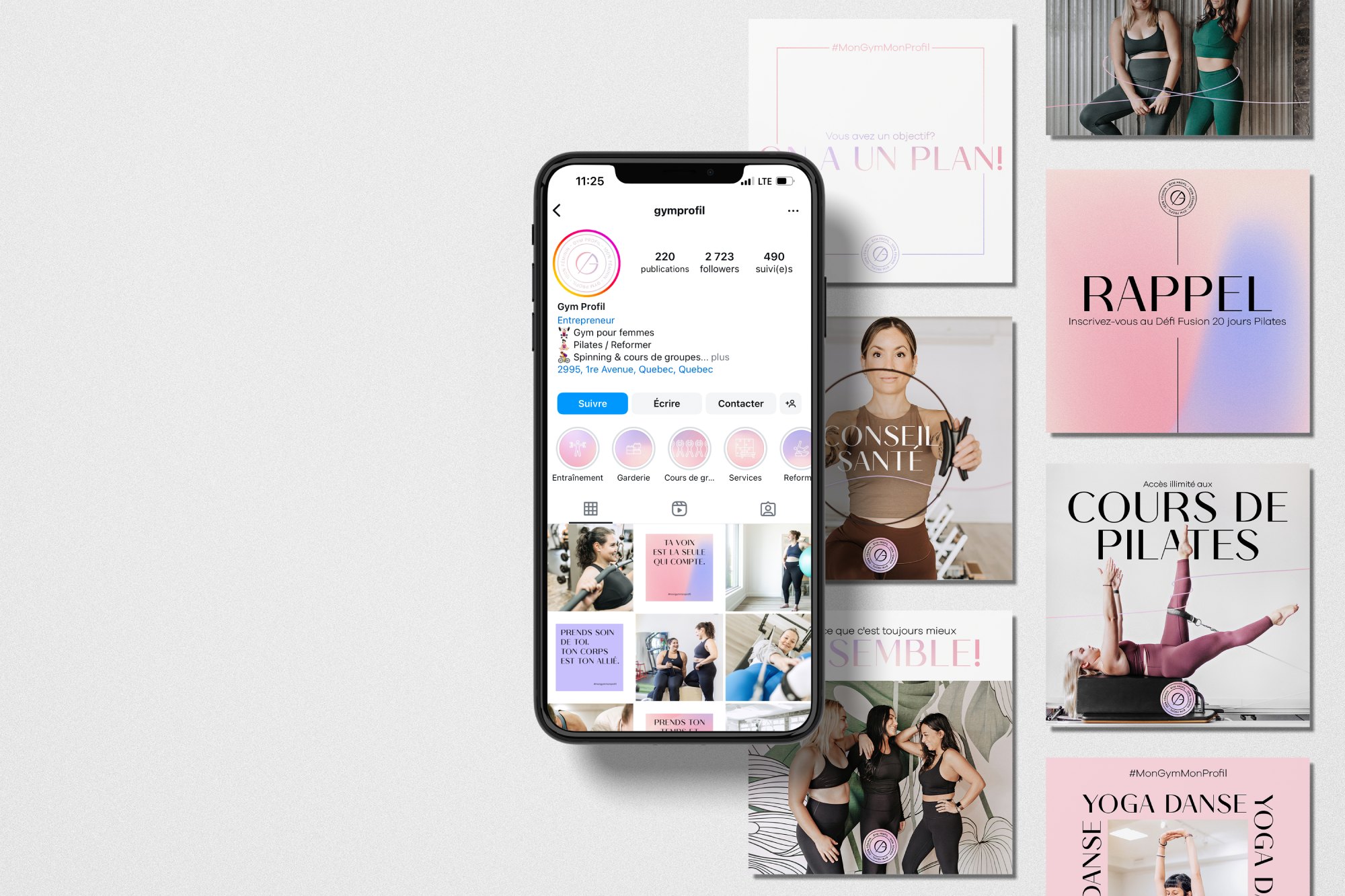 Mockup profil Instagram Gym Profil avec publications fitness yoga et pilates sur téléphone